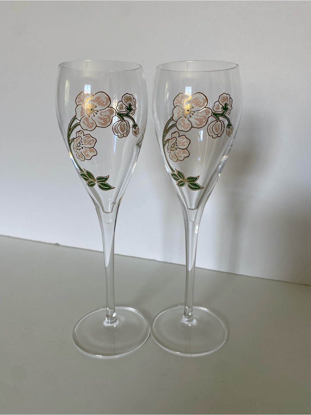 Perrier Jouet Champagne Flutes Belle Epoque Floral Stemware Set Of 2 EUC Pink